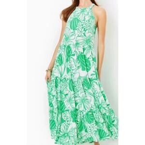 EUC Lilly Pulitzer Maxi Dress Sz S Halter Kiss My Tulips Green w/Earrings